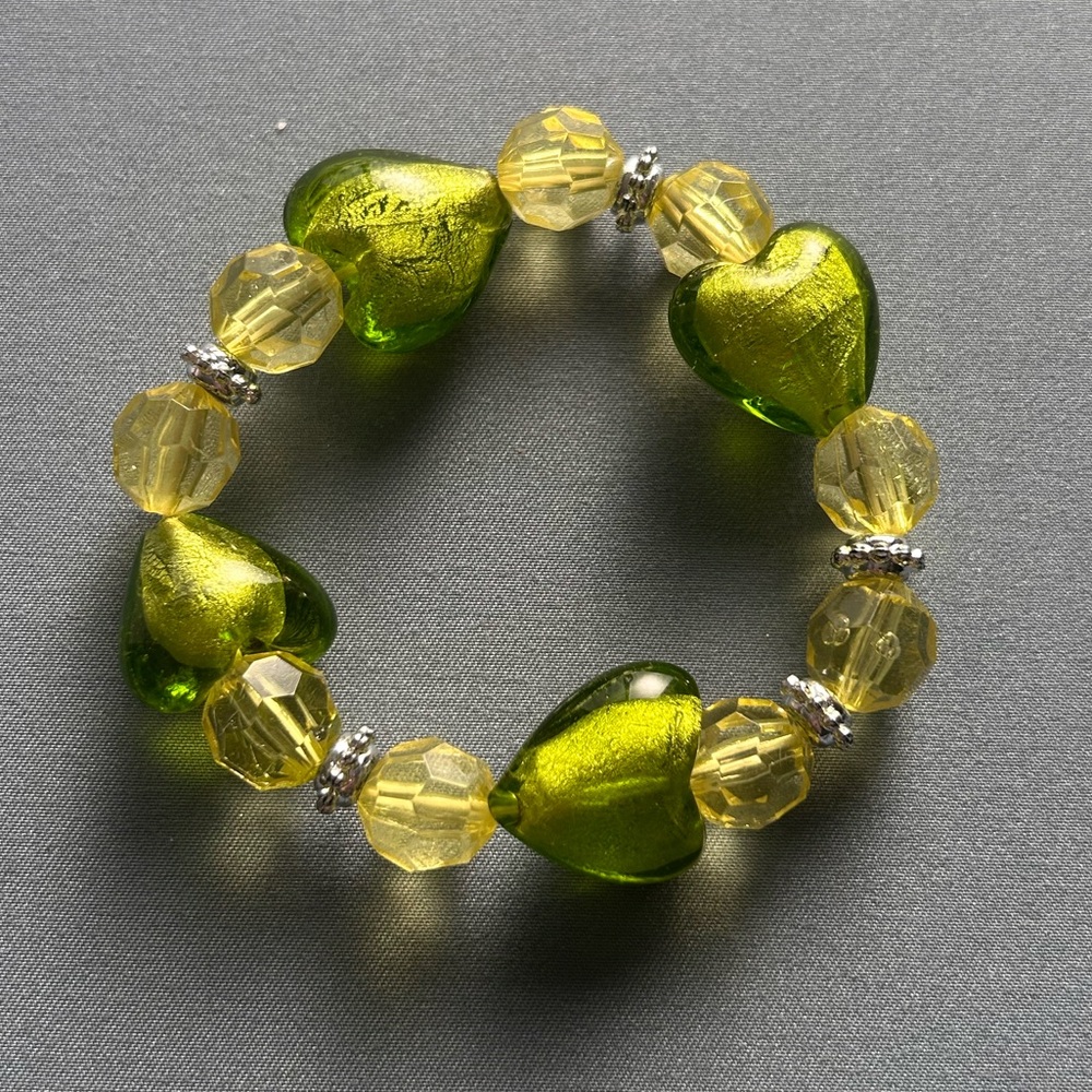 3/$10 Green And Yellow Glass Bead Stretch Bracelet